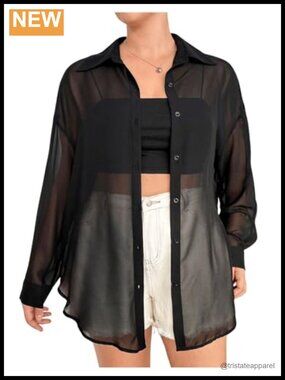 Plus Size Sheer Mesh Long Sleeve Button Down Shirt Top Lightweight Blouse